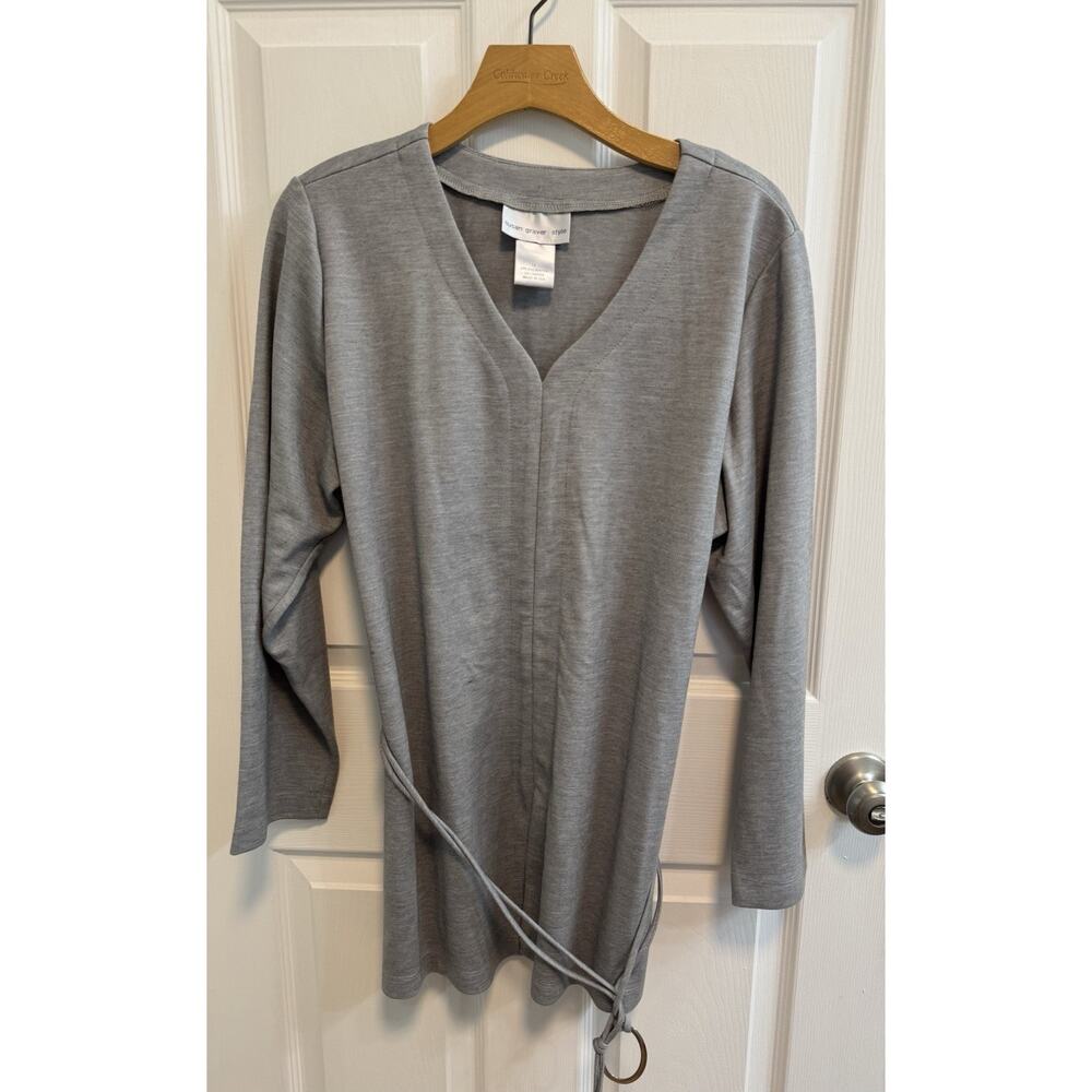 Susan Graver 1X Gray Pullover Tunic String Belt V-neck Seam Down Front Preowned